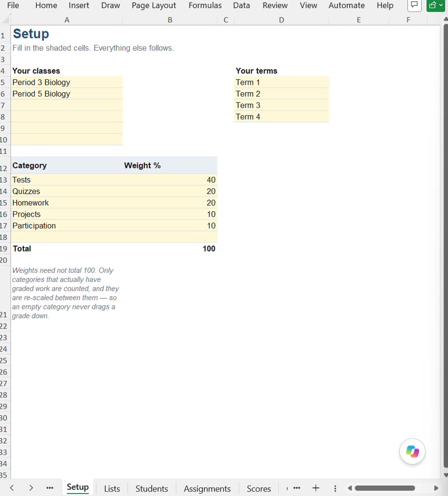 The Setup tab, with classes, terms and a category weight table reading Tests 40, Quizzes 20, Homework 20, Projects 10, Participation 10